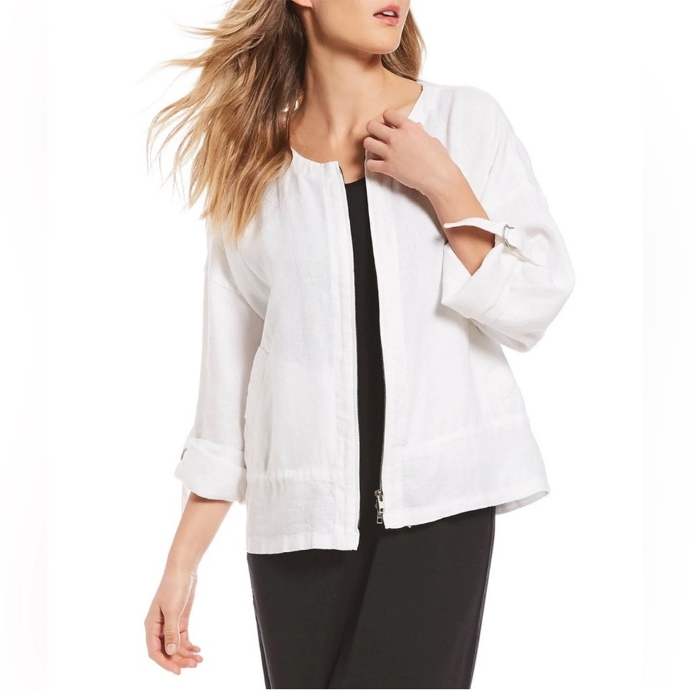 Eileen Fisher Organic Linen Jacket Full Zip Round Neck Roll Tab Sleeves Medium